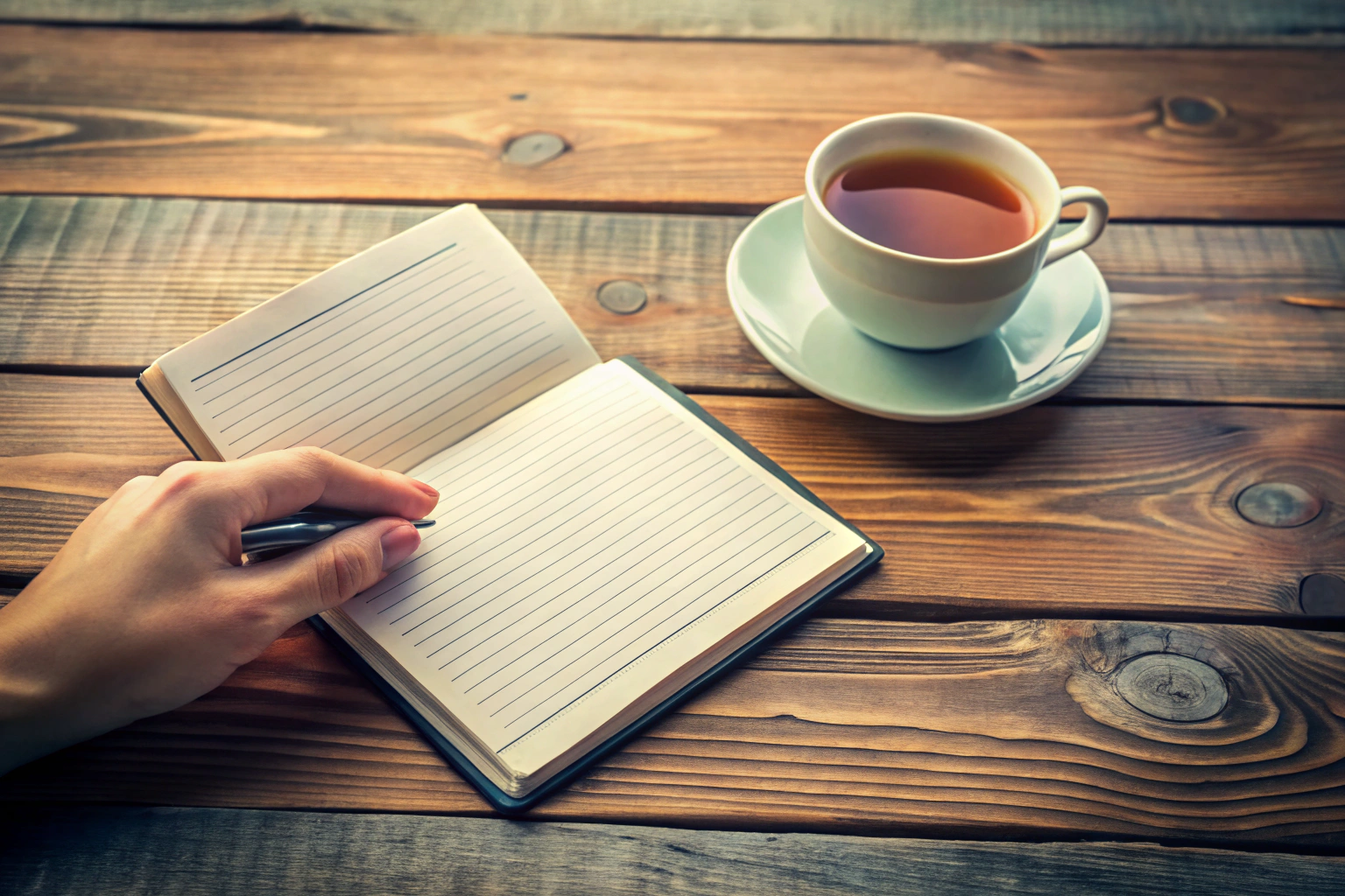 Une image apaisante montrant une main tenant doucement un carnet de notes ouvert sur une table en bois, avec une tasse de thé à côté, évoquant la réflexion et la communication, sans aucun texte ou logo visible