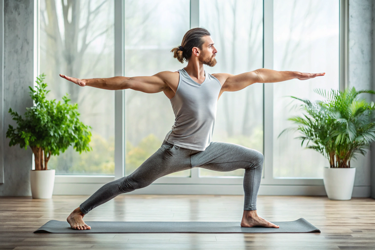 Une personne pratiquant une pose de yoga, comme le guerrier II, dans un environnement calme, montrant une bonne posture et de la force, sans aucun texte ou symbole visible