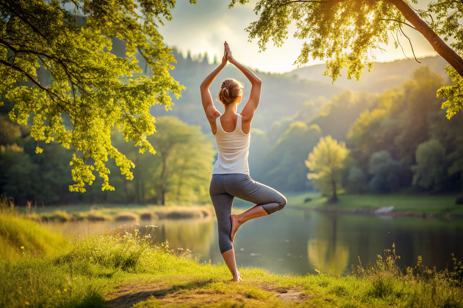 Une personne en posture de yoga de l arbre, debout sur une jambe dans un environnement calme et naturel, les mains jointes au-dessus de la tête, exprimant la concentration et l équilibre