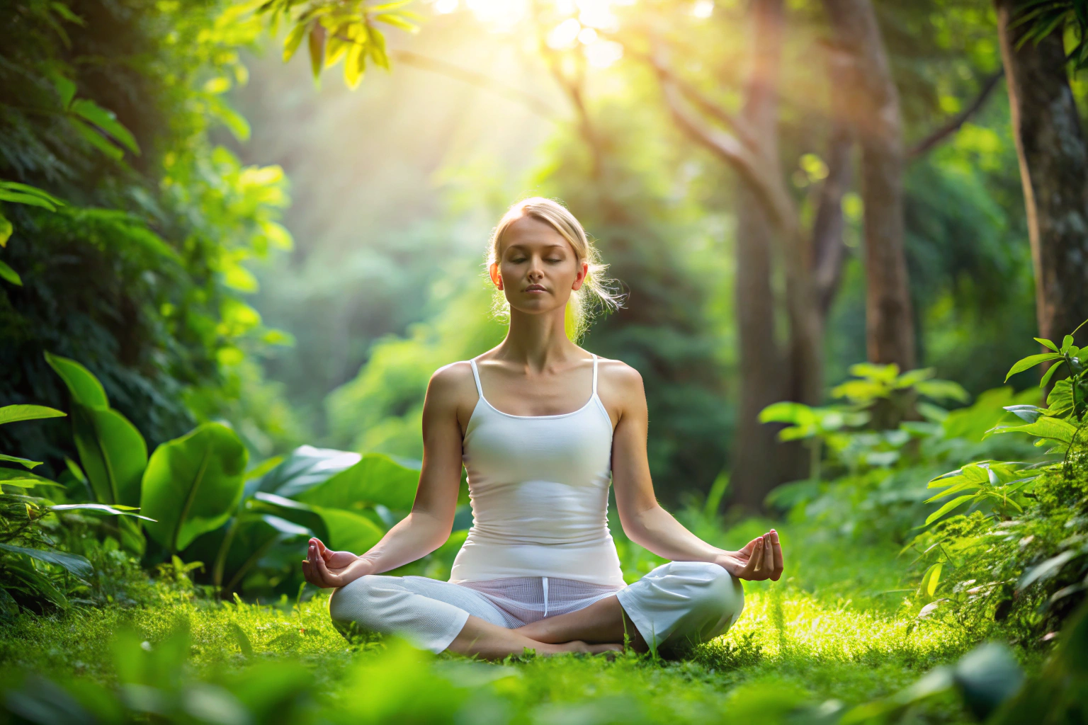 Une personne assise en position de lotus dans un environnement paisible, les yeux fermés et les mains reposant sur les genoux, entourée de nature verdoyante et de lumière douce, symbolisant la sérénité et la réduction du stress grâce au yoga